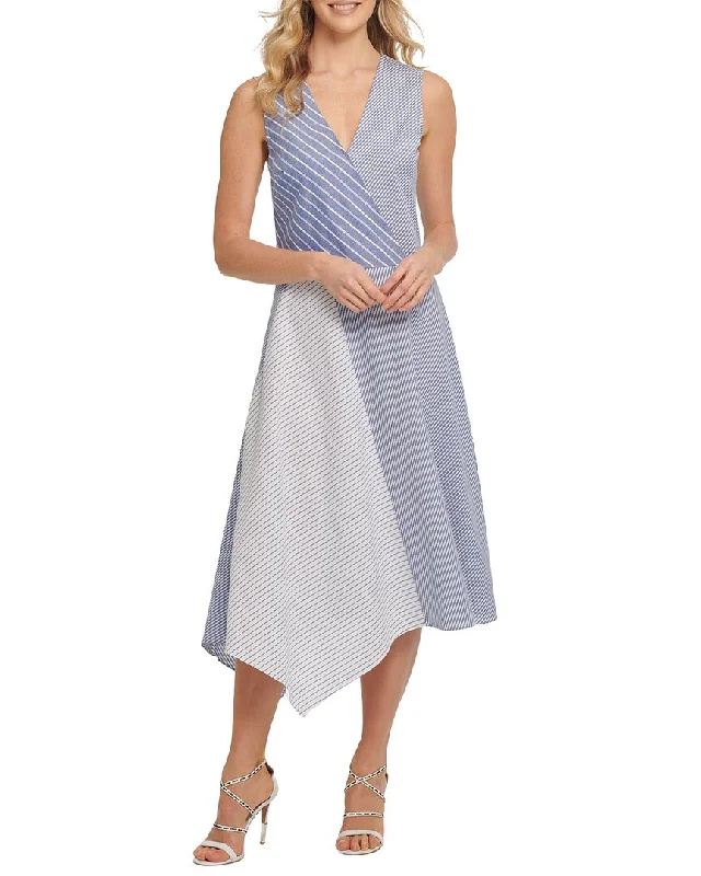 Don't Wait DKNY Stripe Panel V-Neck Linen-Blend Dress