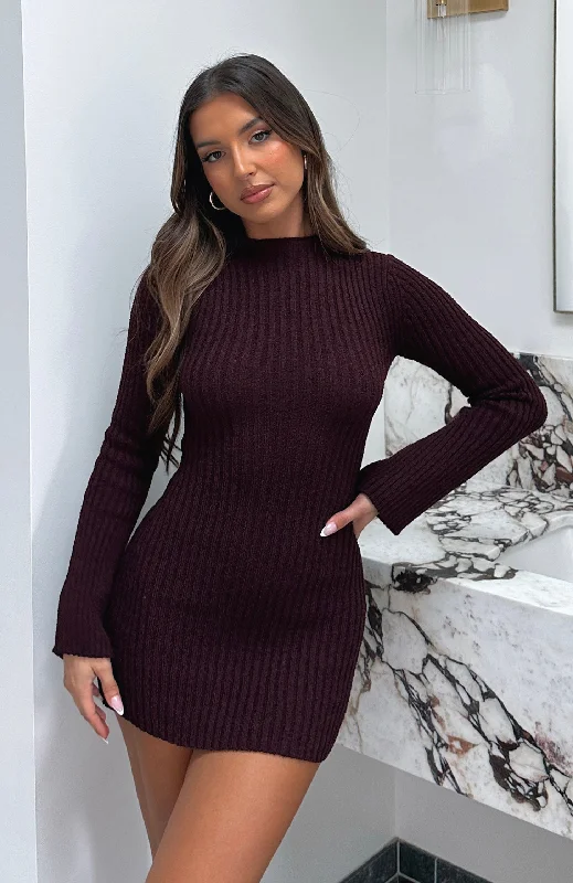 Blowout Sale Get On Down Long Sleeve Knit Mini Dress Plum