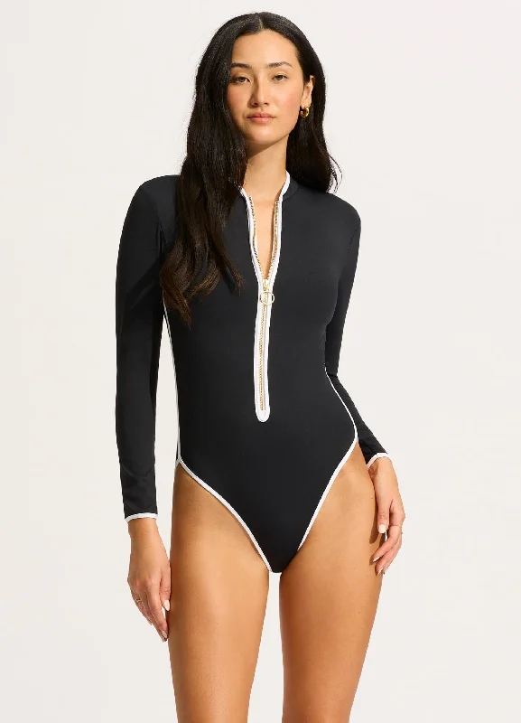 Crazy Deals Seafolly Collective LongSleeve Zip Front One Piece - Black