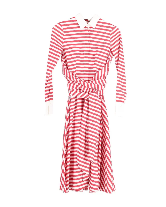 New Markdowns Carolina Herrera Collared Striped Belted Midi Dress in Red and White Cotton