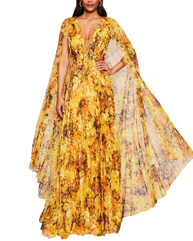 Deal Dash Marchesa Notte Pleated Plunging V-Neck Printed Dress