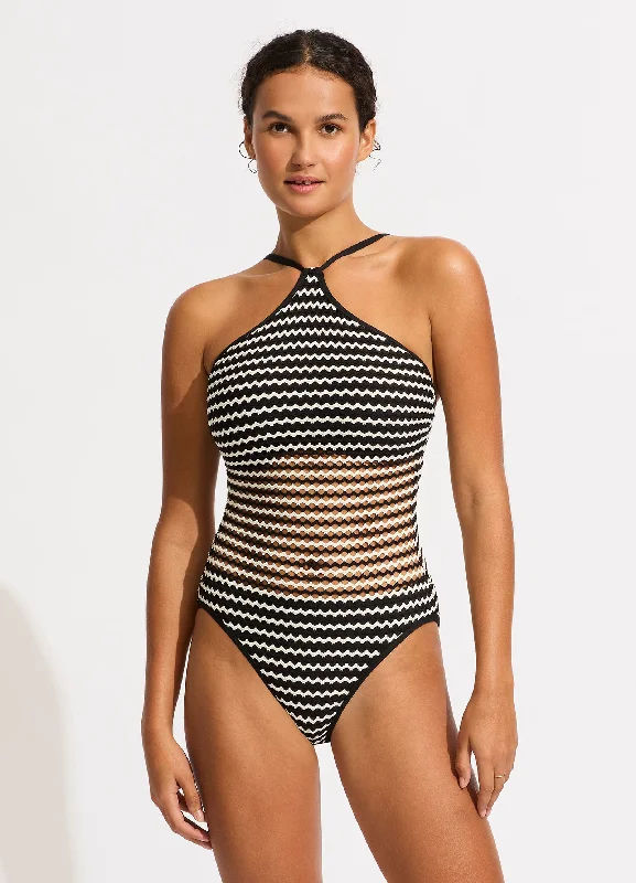 Steals and Deals Mesh Effect DD High Neck One Piece - Black