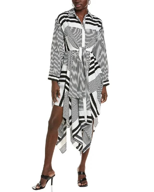 Factory Direct Sale Gracia Contrast Stripes Front-Tie Asymmetrical Hem Shirtdress