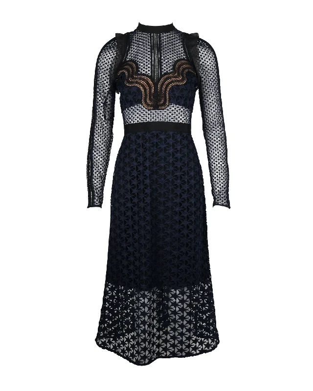 Exclusive Savings Self-Portrait Star Lace Long-Sleeve Midi Dress in Navy Blue Polyester