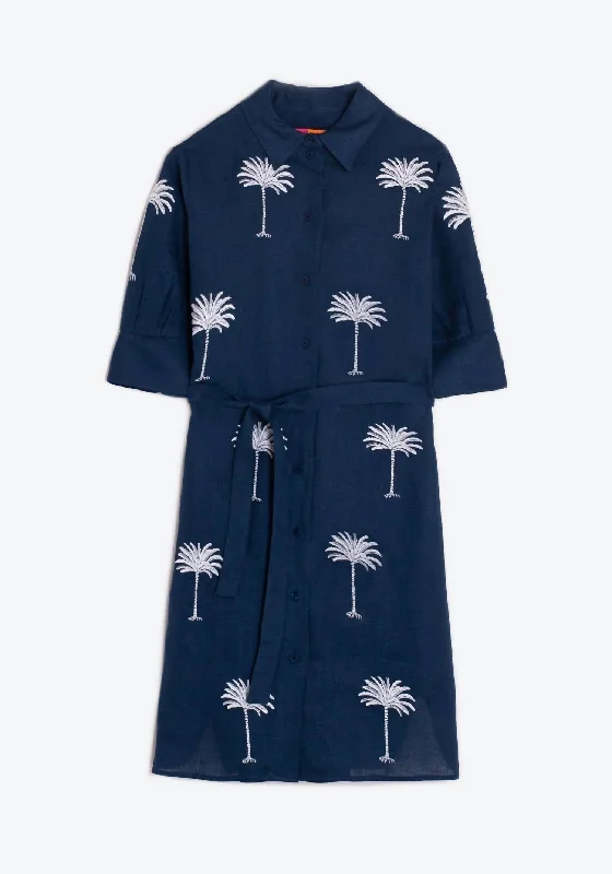Weekend Deal Hester Embroidered Linen Dress In Navy Blue