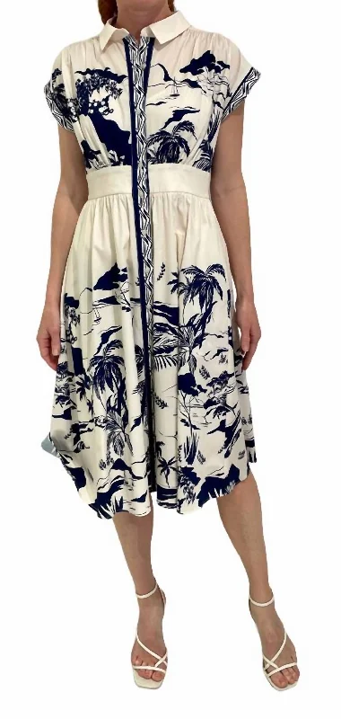 Price Break Belted Embroidered Midi Dress In Cream Navy