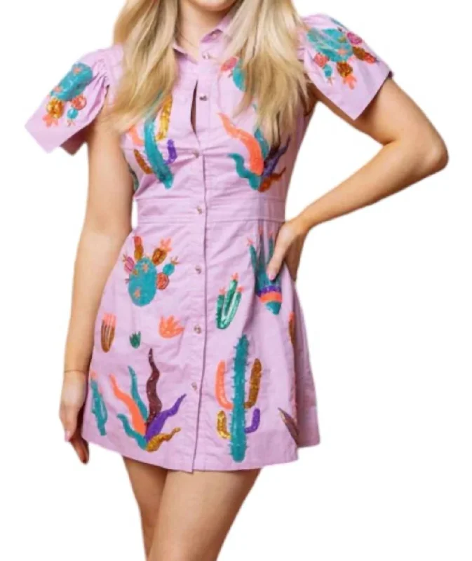 Limited Availability Scattered Cactus Button Up Dress In Pink