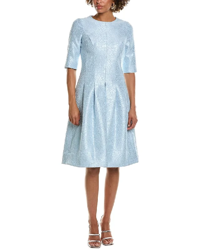 New Arrival Teri Jon by Rickie Freeman Jewel Neck Elbow-Sleeve A-Line Dress