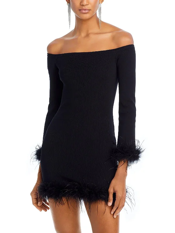 Can't Be Beat Womens Faux Feather Trim Short Mini Dress