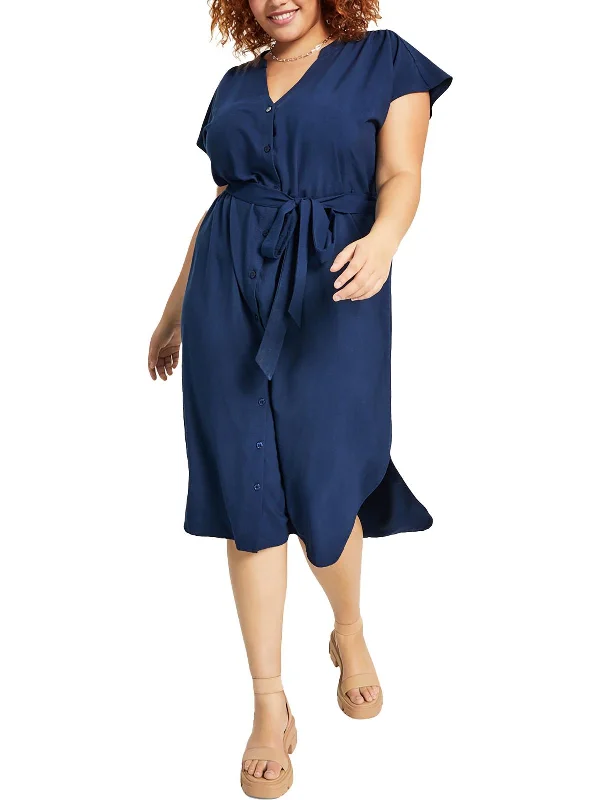 Clearance Sale Plus Womens Belted Flowy Shirtdress