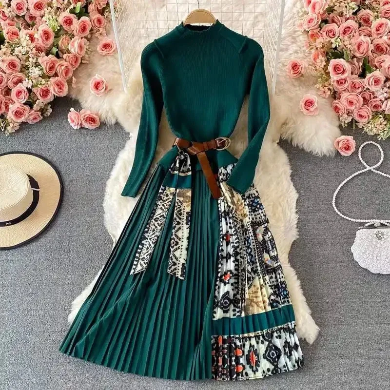Low Prices Bianca Pleated Woolen Dress with Belt