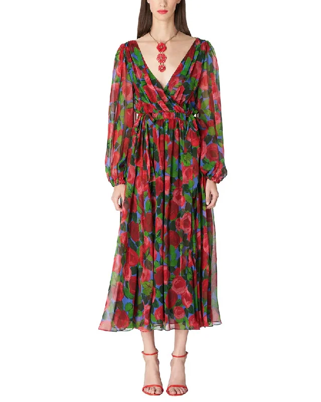 Deal Dash Carolina Herrera V-Neck Faux Wrap Silk Midi Dress