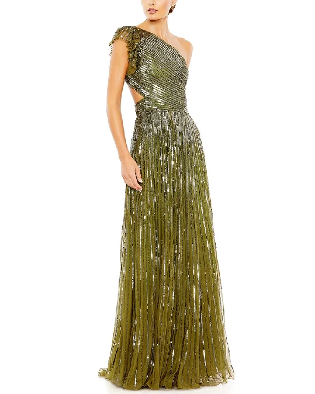 Huge Discounts Mac Duggal Sequined One-Shoulder Flutter Sleeve A-Line Gown
