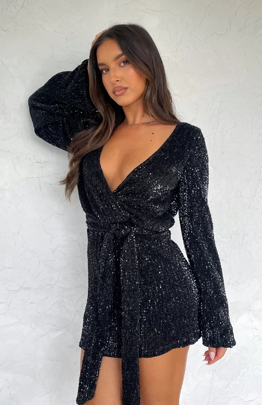 Weekend Deal Stars Shining Long Sleeve Mini Dress Black