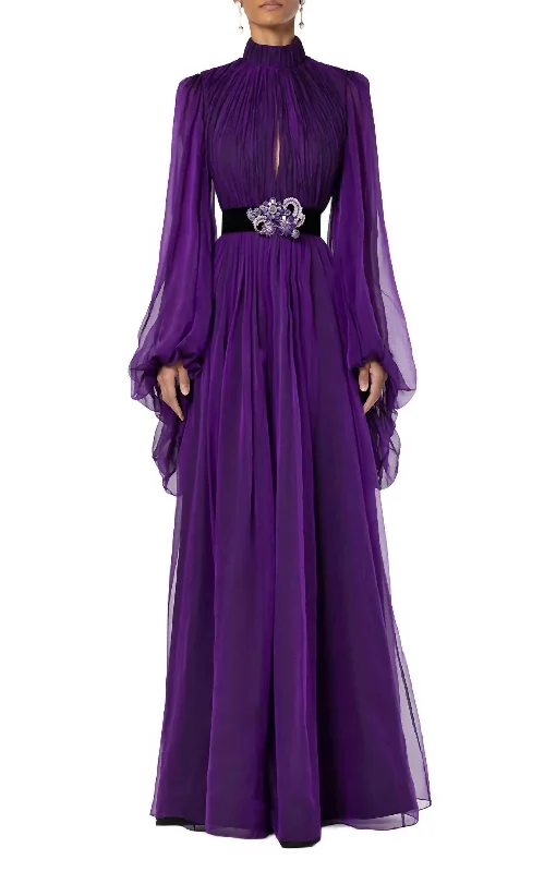 Doorbuster Deal Long Sleeve Chiffon High Neck Gown In Purple