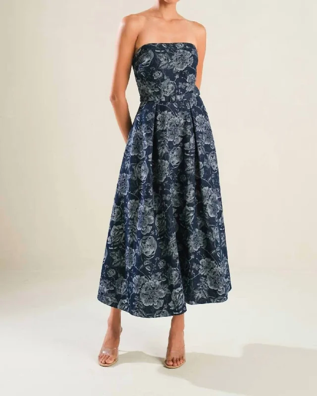 Don’t Miss Out Strapless Jacquard Midi Dress In Denim