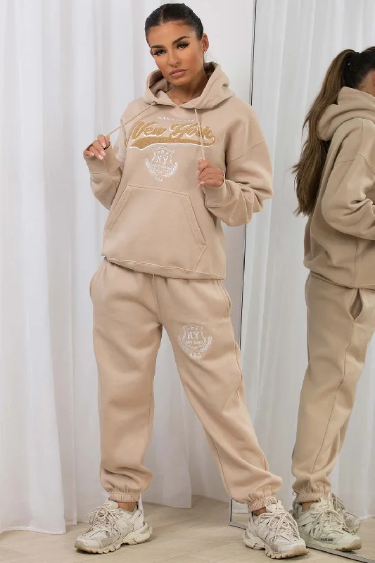 New Arrival Loungewear Set With New York Embroidery Beige