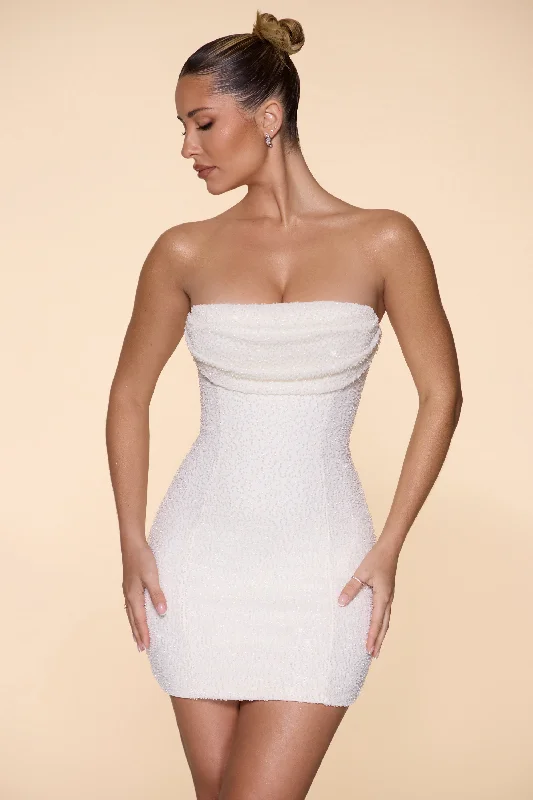 Value Deals Embellished Strapless Cowl Neck Mini Dress in Ivory