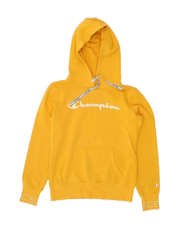 Deal of the Day CHAMPION Womens Graphic Hoodie Jumper UK 10 Small Yellow Cotton