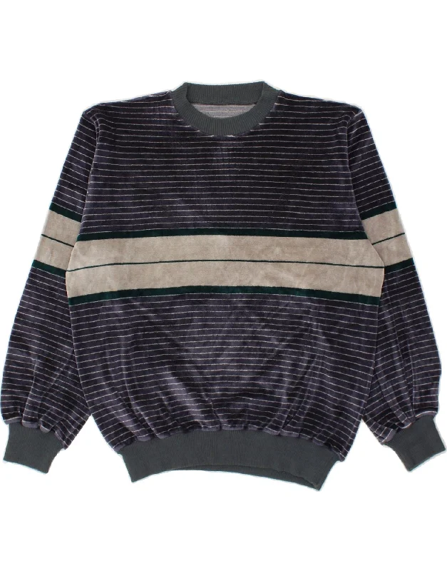 Savings Galore VINTAGE Womens Velour Sweatshirt Jumper UK 14 Medium Navy Blue Striped
