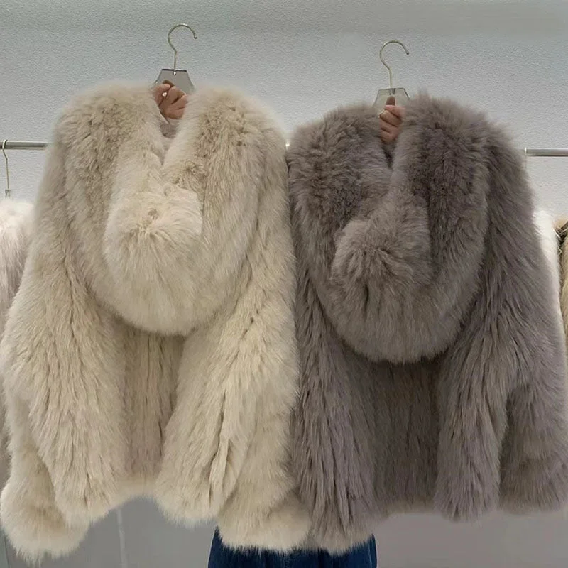 Clearance Items fox fur coat women's hooded big white bear young style fur coat