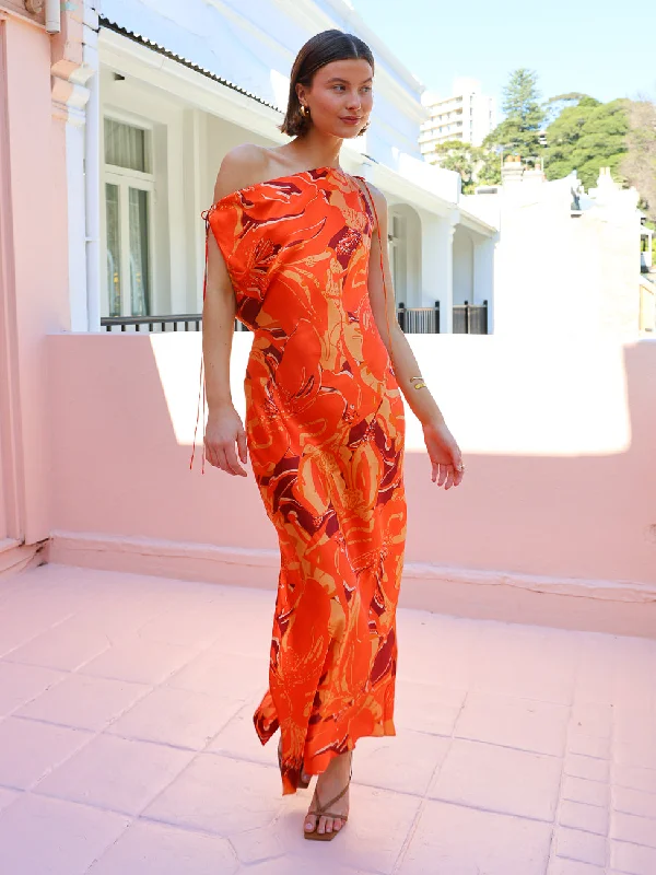 Shop and Save Shona Joy Chara Silk Tie Maxi Dress in Flame/Multi