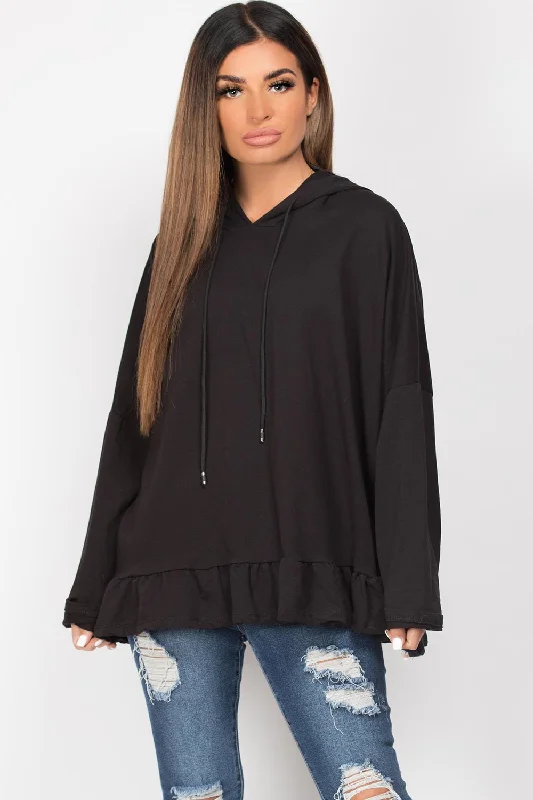 Markdown Madness Black Frill Hem Oversized Hoodie