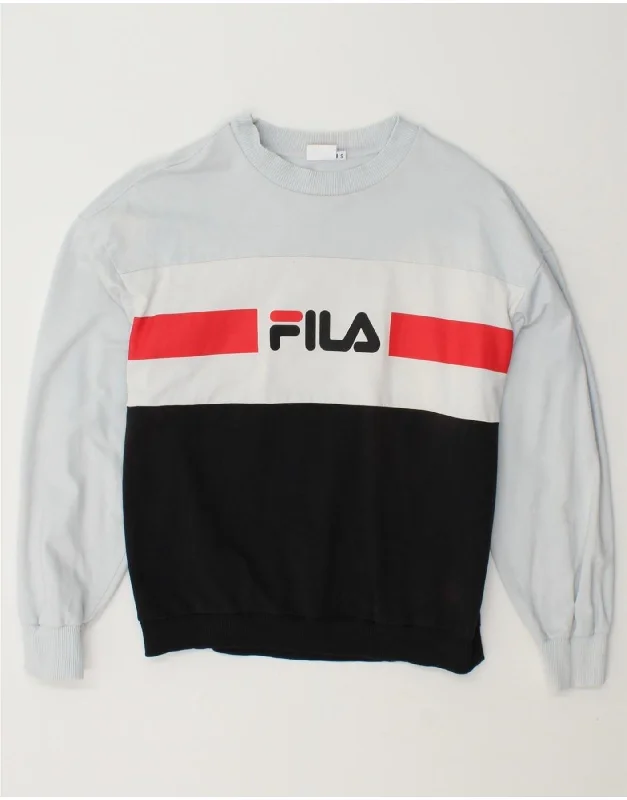 Super Bargain FILA Womens Sweatshirt Jumper UK 10 Small Blue Colourblock Cotton