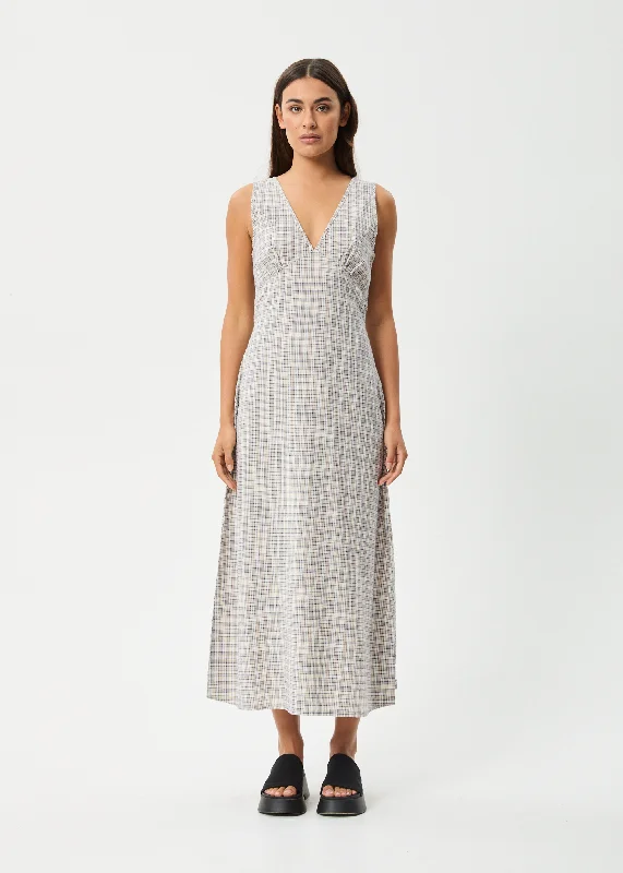 Instant Savings AFENDS Womens Drew - Seersucker Maxi Dress - Taupe Check