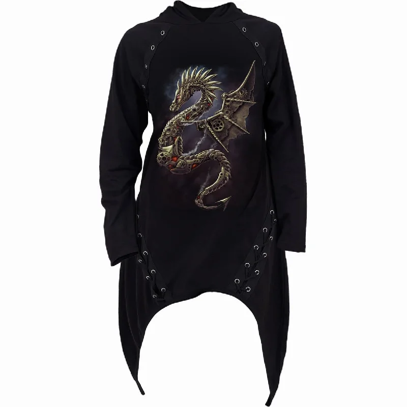 Super Deal DRAGON COGS - Lace-up Sherwood Hoody with Teardrop Hem