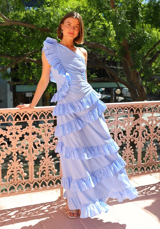 Midnight Madness By Nicola Adrift Frill Maxi Dress in Cornflower Blue