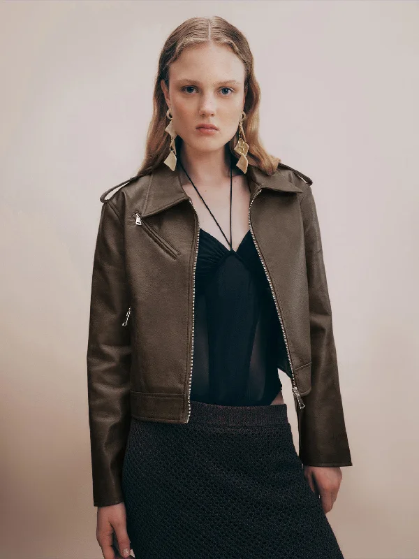 Final Clearance Zipper Front Loose Vegan Leather Jacket