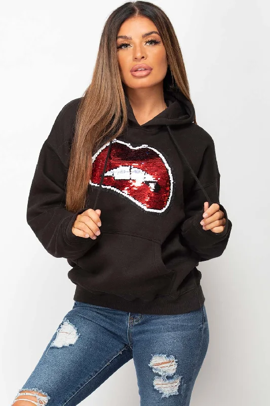 Closeout Sale Sequin Lips Oversized Hoodie Black