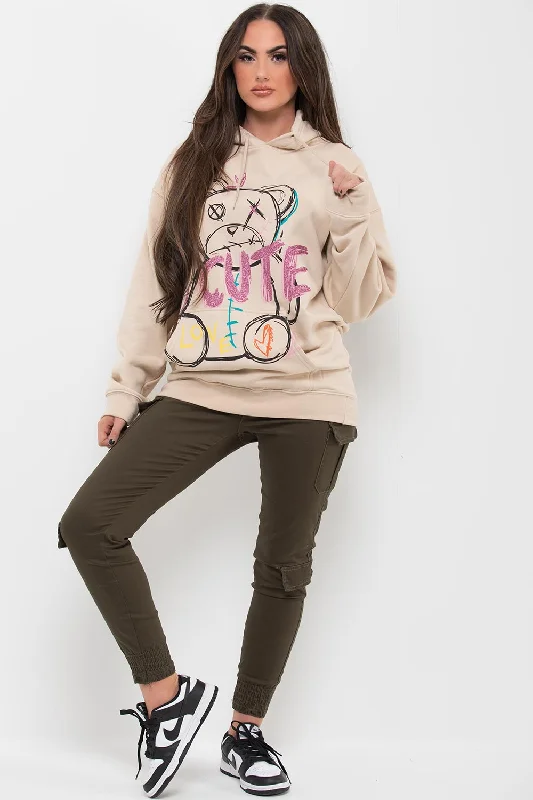 Now or Never Beige Oversized Hoodie With Teddy Bear Graphic Print