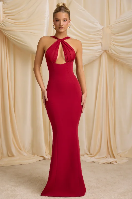 Super Sale Pearl-Detail Halterneck Maxi Dress in True Red