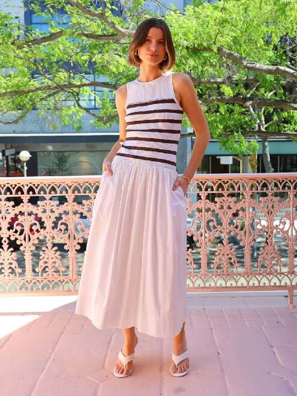 Exclusive Online Offer Mon Renn Rhythm Stripe Mix Dress in Ivory/Coffee Stripe