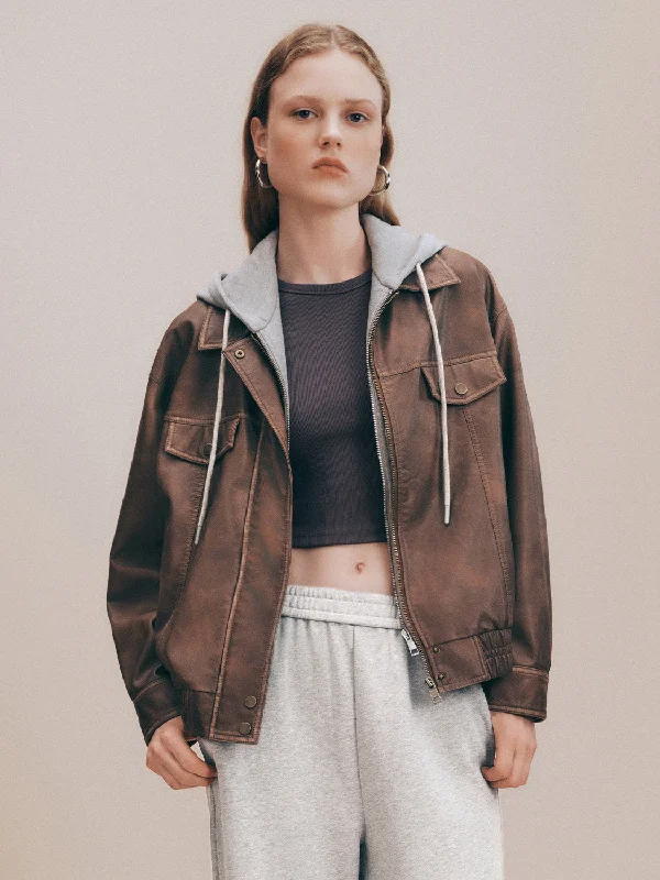 Today’s Deal Distressed 2 In 1 Hooded Vegan Leather Jacket