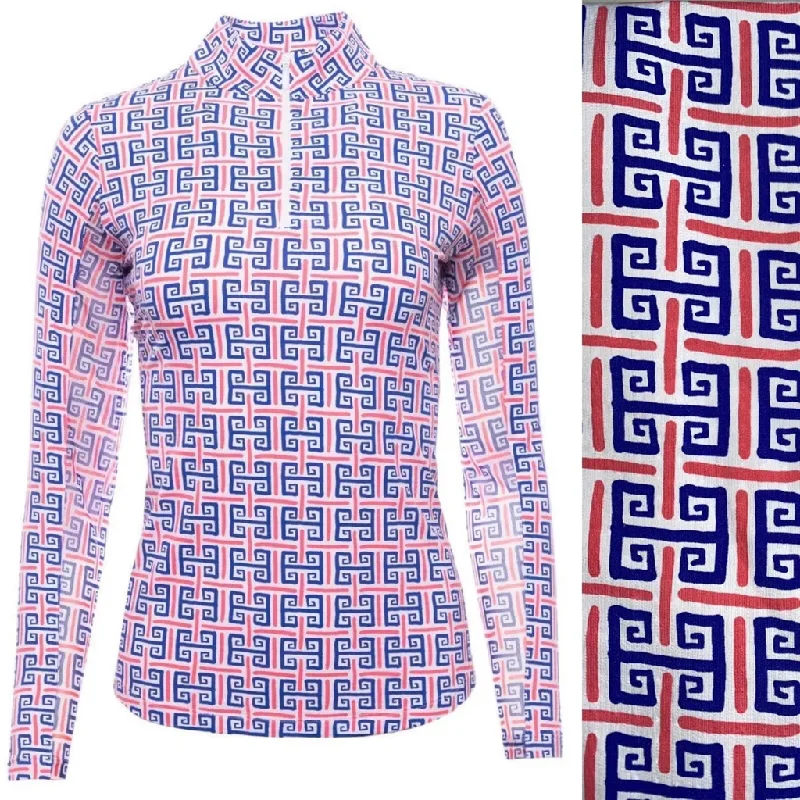 Extra Discounts Ibkul Orange Blue and White Key Pattern Print Mock Neck Sun Shirt Size XXL MSP$100