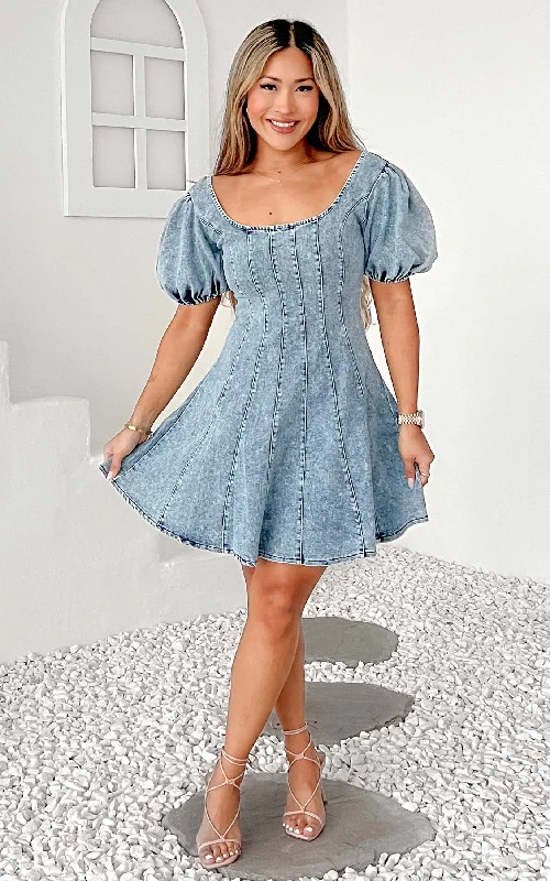 Unbeatable Prices Kartford Puff Sleeve Denim Mini Dress - Blue