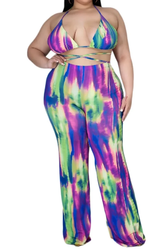 Daily Deals *Final Sale Plus Size  3pc Poolside Playsuit (Top, High Waist Bottoms & Pants) Set in Neon Watercolors