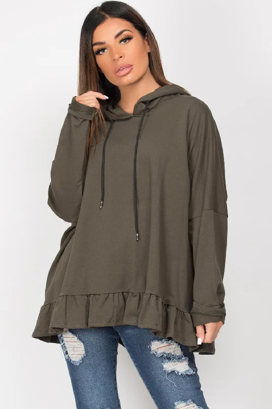 Referral Discount Khaki Frill Hem Oversized Hoodie