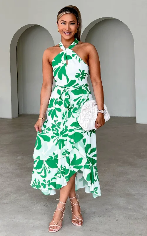 Early Access Lucetta Midi Dress - White Green Print