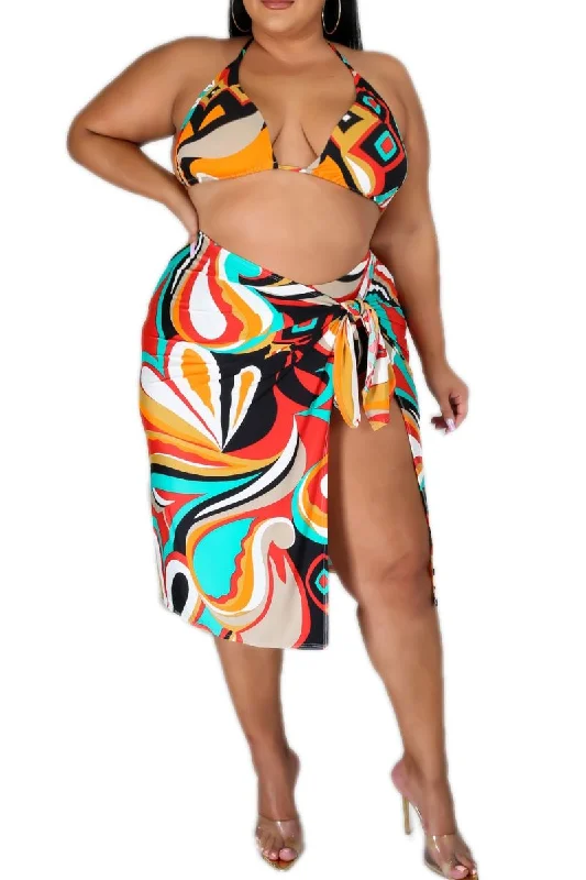 Hurry In Final Sale Plus Size 3pc Poolside Playsuit (Bikini Top, Bottom & Skirt) Set in Multicolor Swirl Print