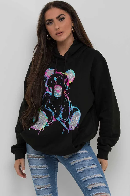 Price Slash Black Oversized Hoodie With Teddy Bear Print