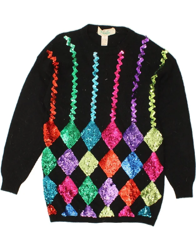 Unbeatable Prices VINTAGE Womens Crew Neck Jumper Sweater UK 10 Small Black Argyle/Diamond