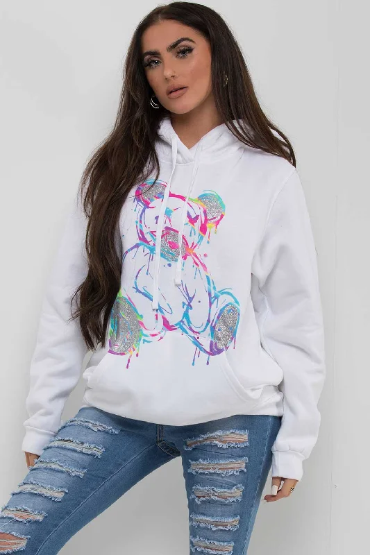 Limited Quantity White Oversized Hoodie With Teddy Bear Print