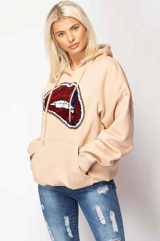 Amazing Deals Sequin Lips Oversized Hoodie Stone