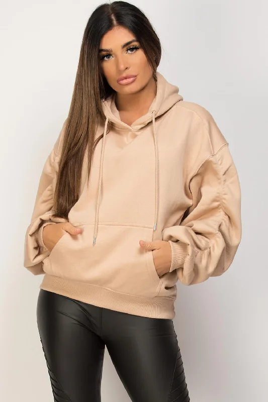 Year-End Sale Ruched Sleeve Oversized Hoodie Stone