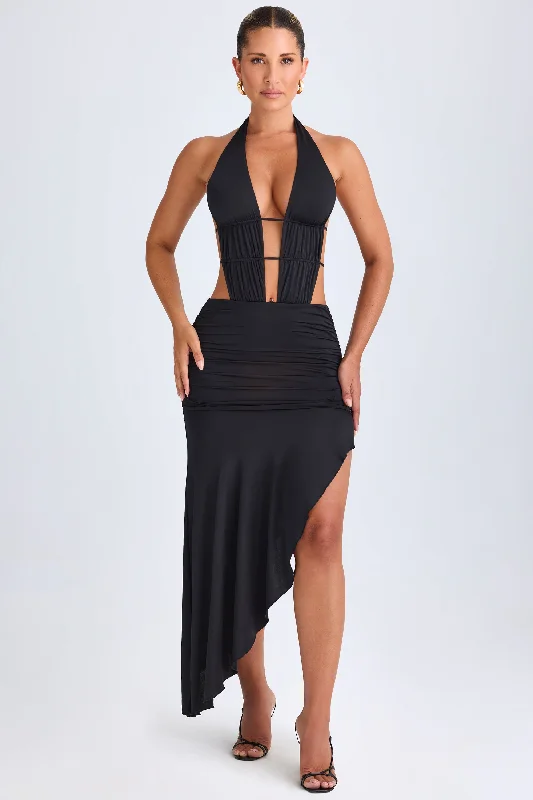 Stock Clearance Asymmetric Cut-Out Halterneck Midaxi Dress in Black