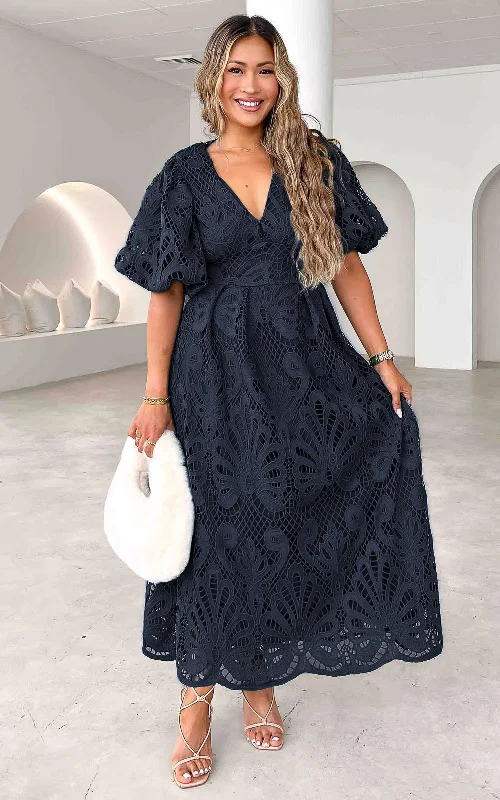 Hurry In Hazelle Lace Maxi Dress - Navy